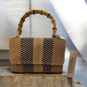 Alessia Straw Top-Handle Bag in Natural and Black